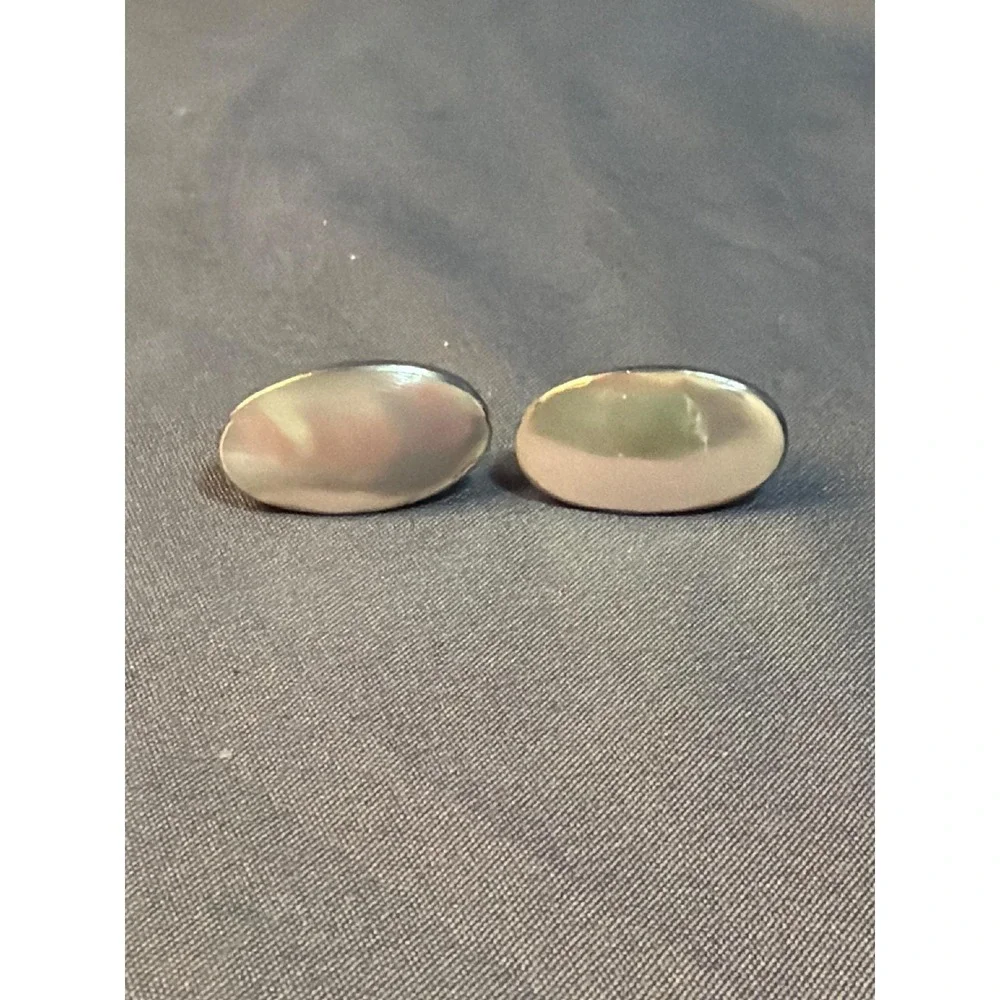 Vintage Silver Tone Oval Mother of Pearl Inlay Cufflinks Mens Jewelry